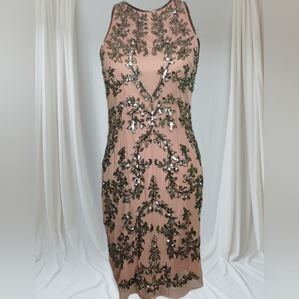 Adrianna Papell Embellished Chiffon Sheath Cocktail Dress Size 8 - Picture 4 of 16